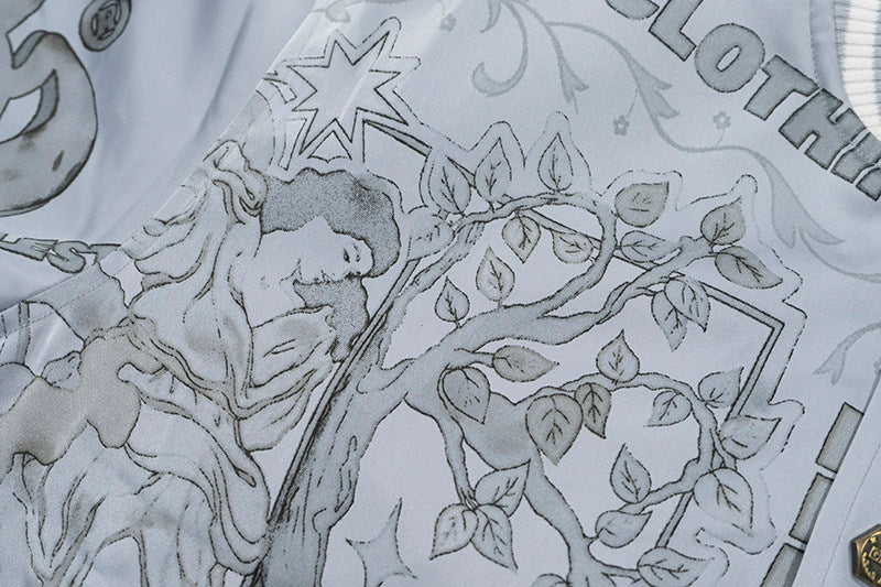 GRAF&WU Vintage Floral Giraffe Goddess Blessing Graphic Satin Thin Baseball Jacket