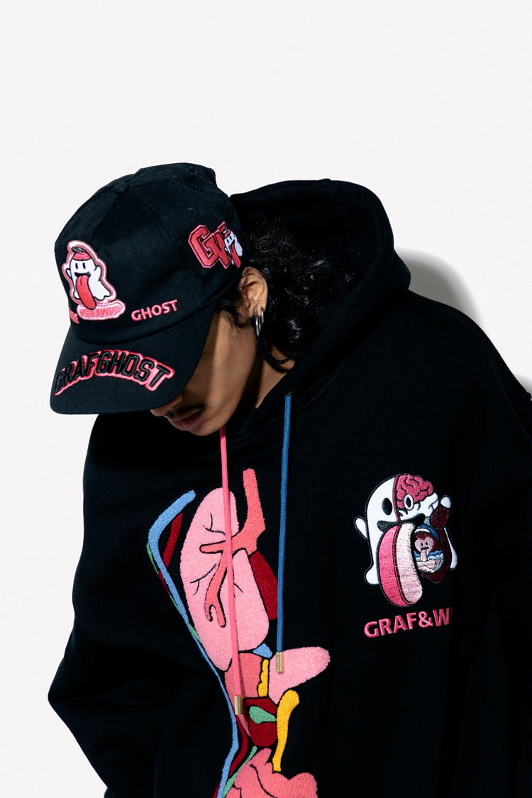 GRAF&WU Sweet Anatomy Cute Ghost Velcro Plush Pink Viscera Fleece Hoodie