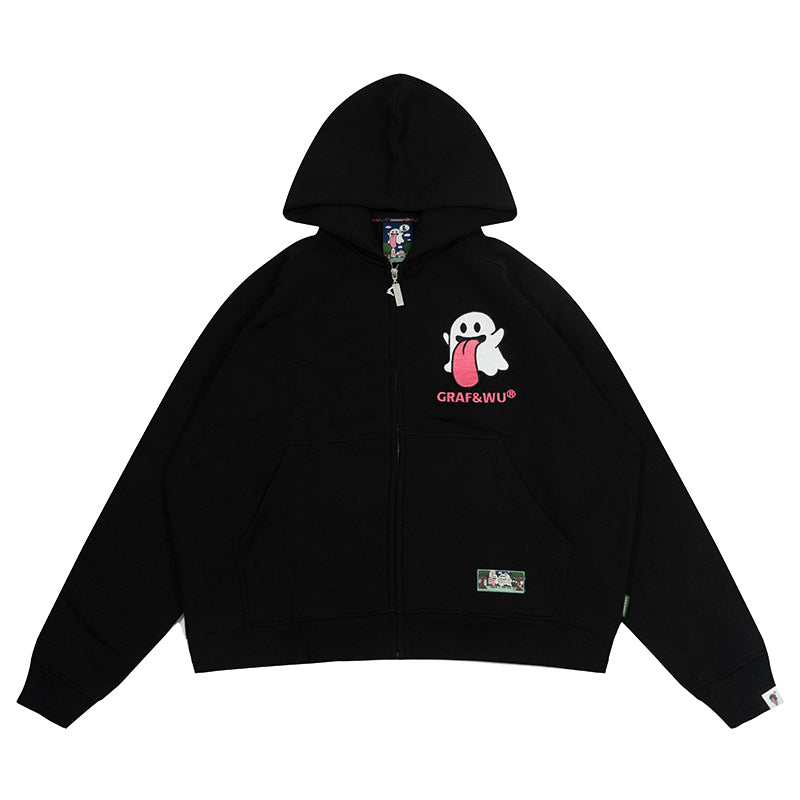 GRAF&WU Sweet Anatomy Cute Ghost Velcro Zip up Boxy Hoodie