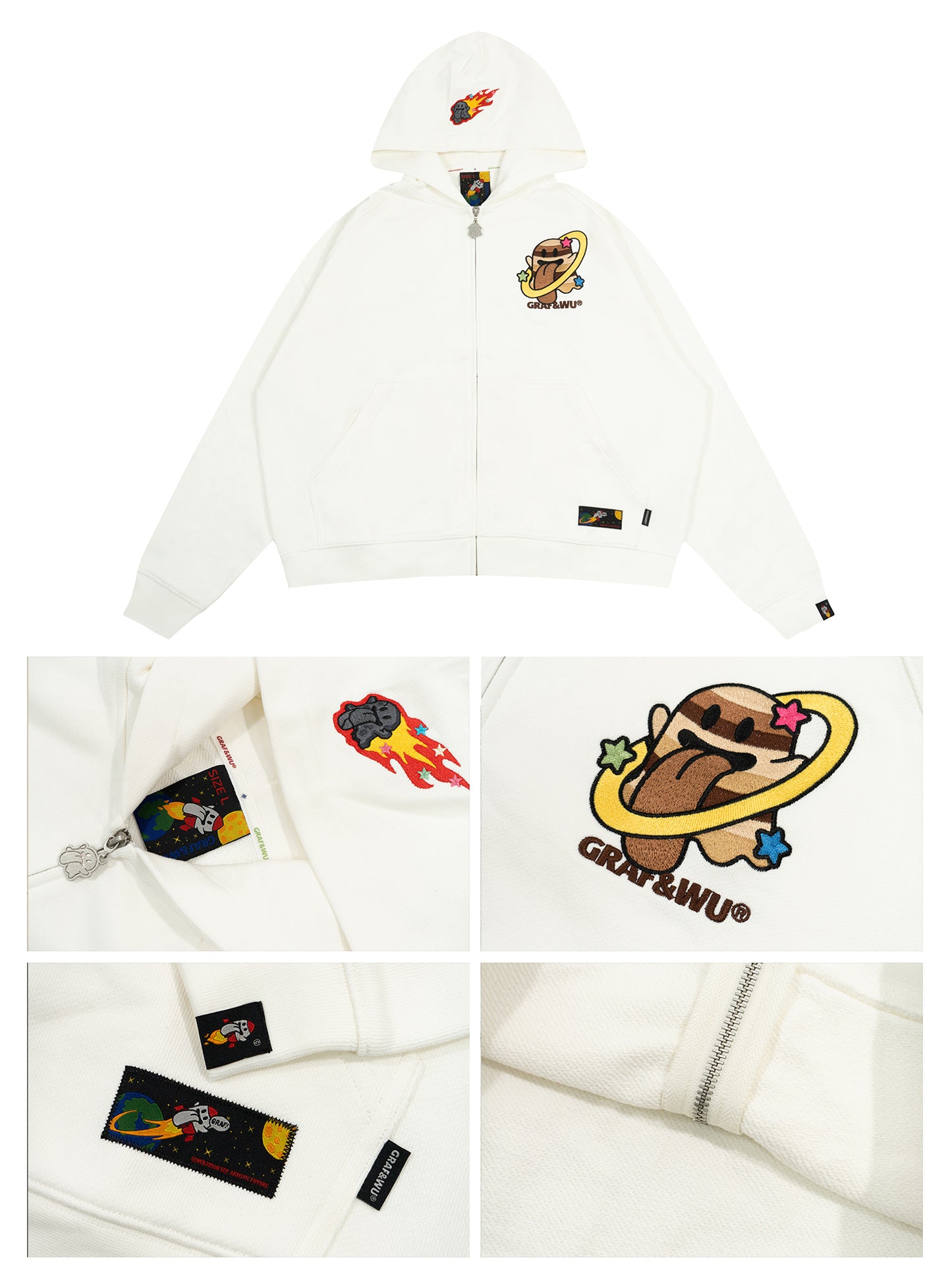 GRAF&WU Solar System Planet Cute Ghost Embroidered Zip-up Hoodie