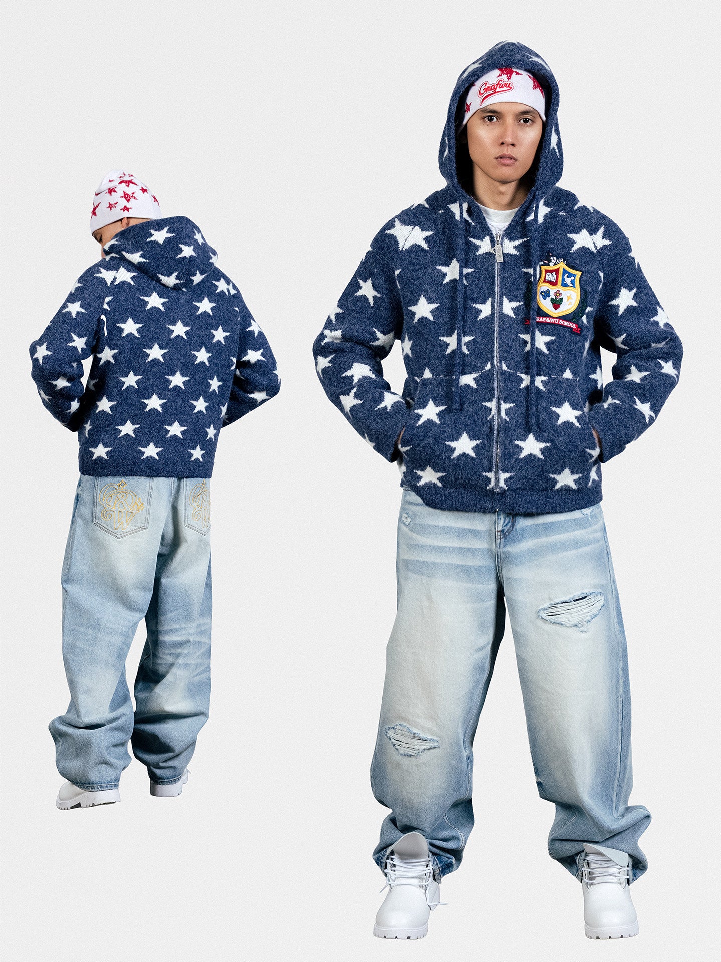GRAF&WU Brand GW Letter Star Embroidered Washed Blue Ripped Jeans