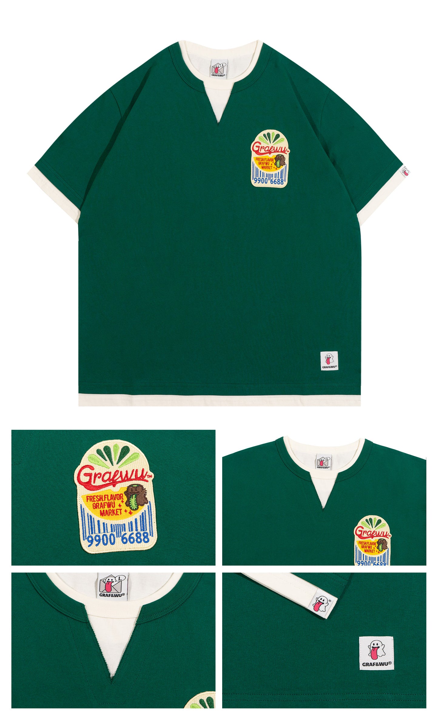 GRAF&WU Vintage Fake Two-Piece Notch Crew Neck T-Shirt