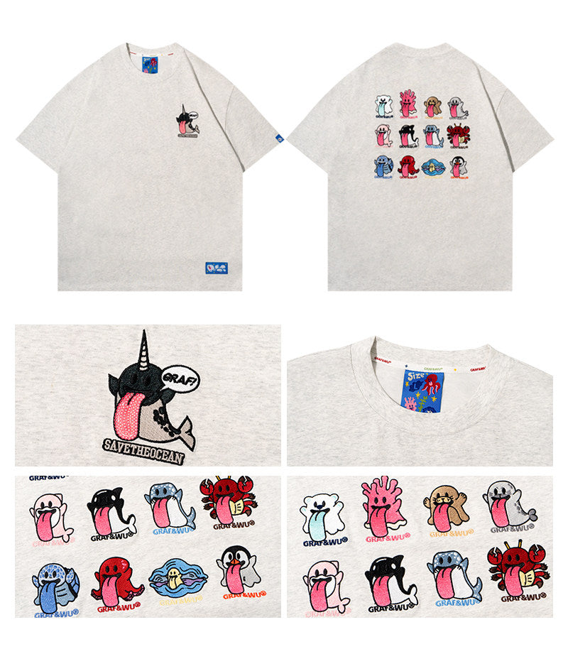 GRAF&WU 12 Ocean Cute Ghost Character Embroidered T-Shirts