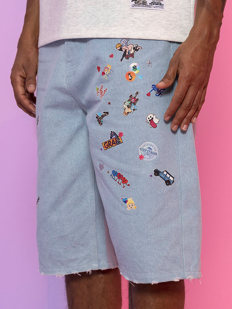 GRAFWU Y2K Sticker Pattern Brand Logo Shorts