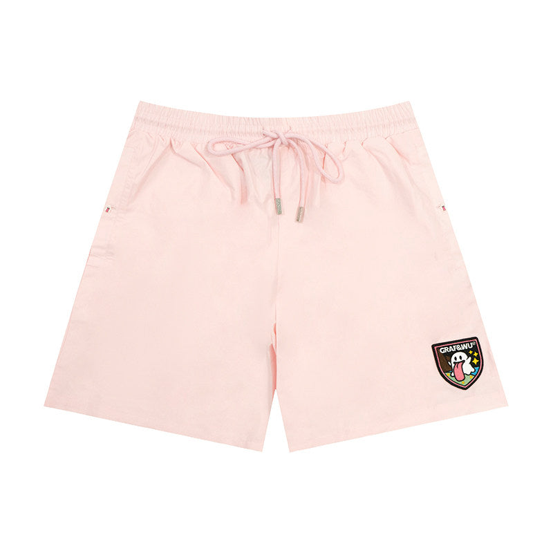GRAF&WU Cute Button Embroidered Patch Vacation Lightweight Shorts