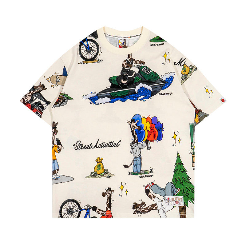 GRAF&WU T-Shirts Street Activity Giraffe Pattern Design Short Sleeve Street Hip-Hop Fashion Short Sleeves Men Cotton Summer T-Shirt Casual Tees