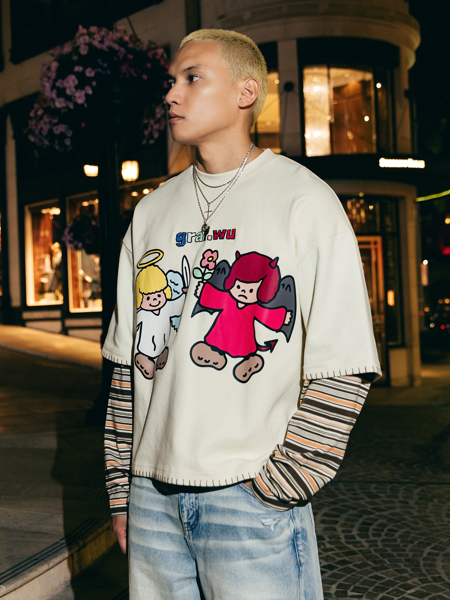 GRAF&WU Angel Devil Faux Two-piece Long Sleeve Tops