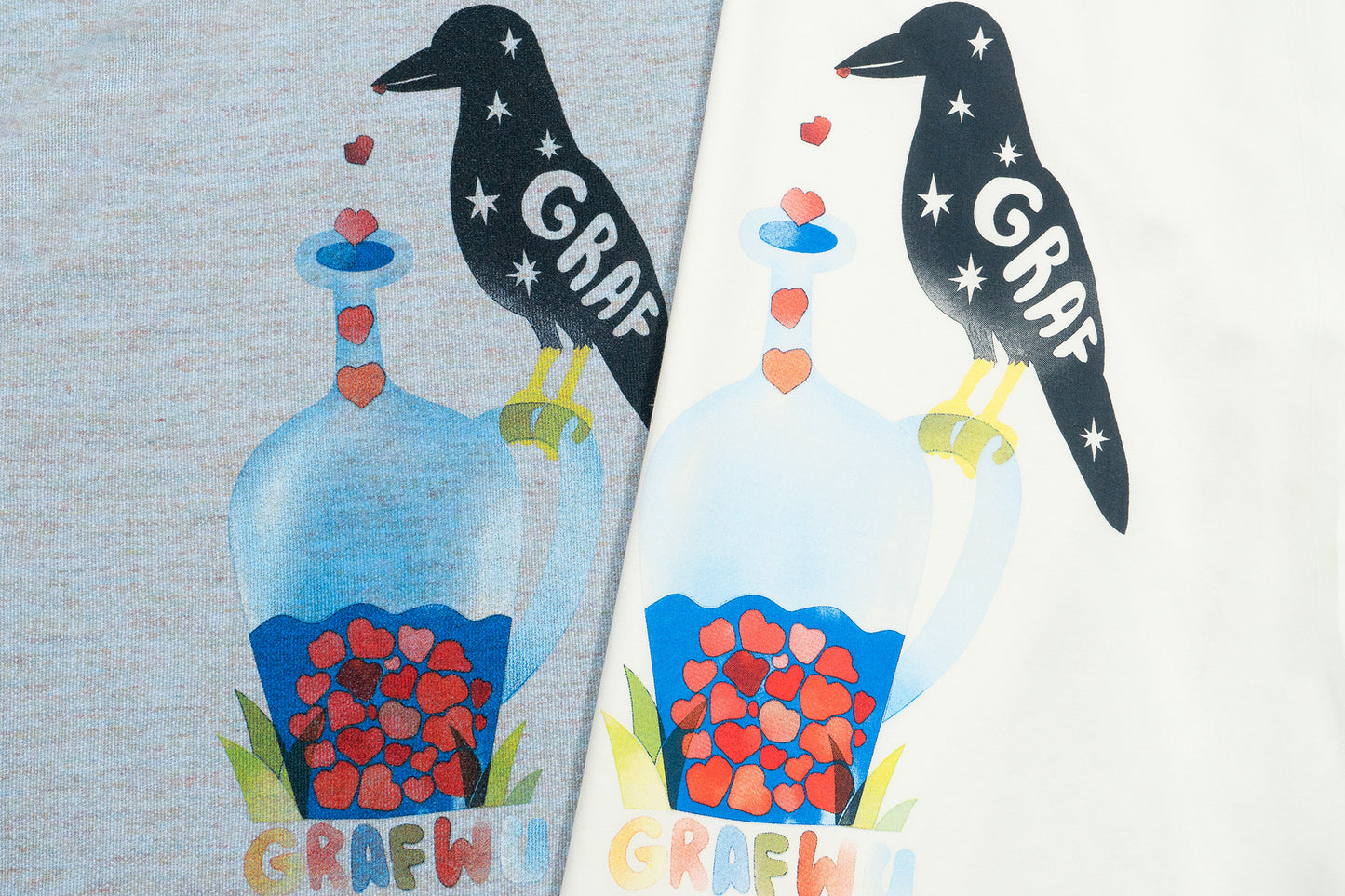 GRAF&WU【Giraffe Fable】Black Crow Drinking Water Print Streetwear Cool Feeling T-Shirt