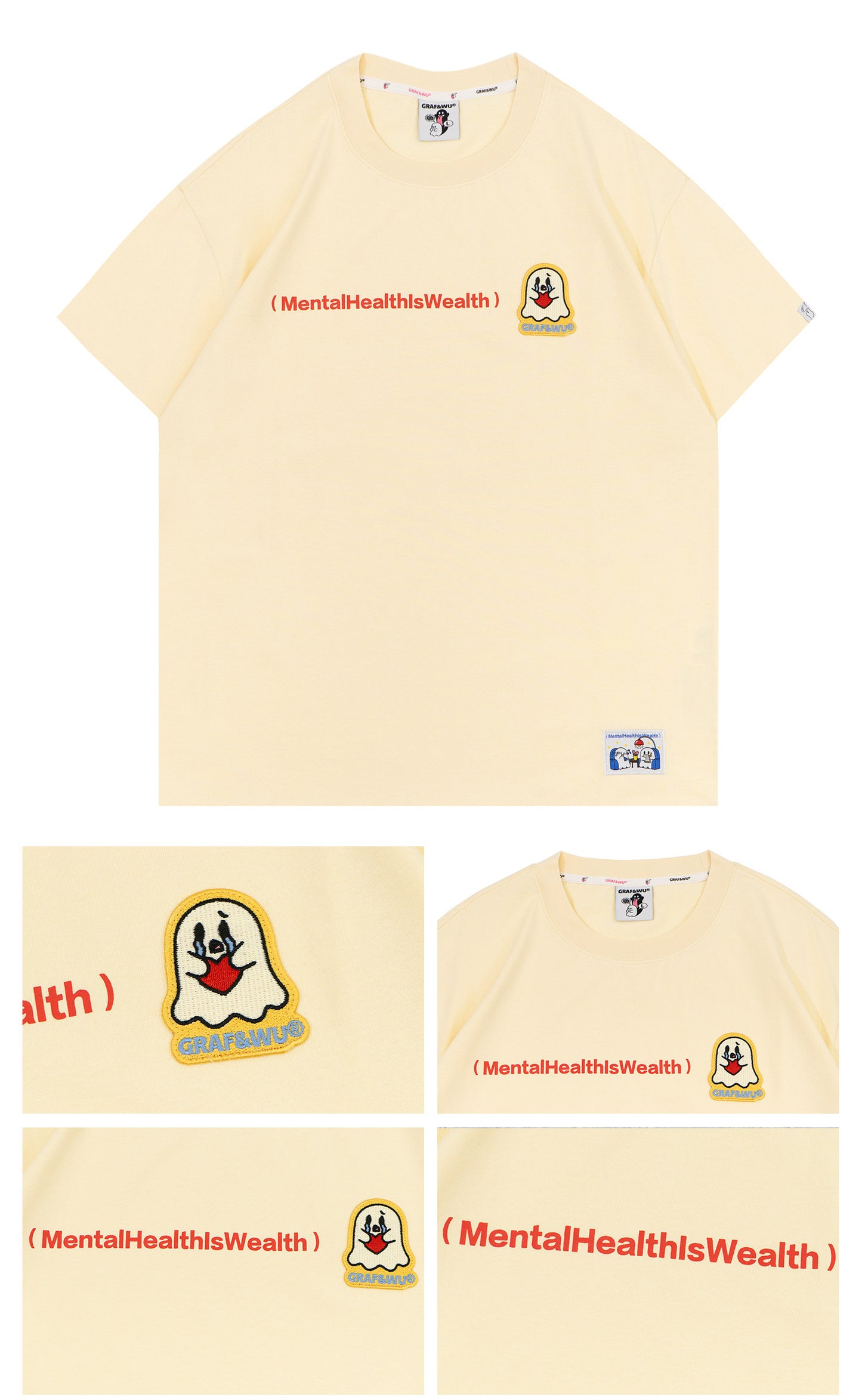 GRAF&WU Mental Health Series Cute Ghost Embroidery Graphic T-Shirt