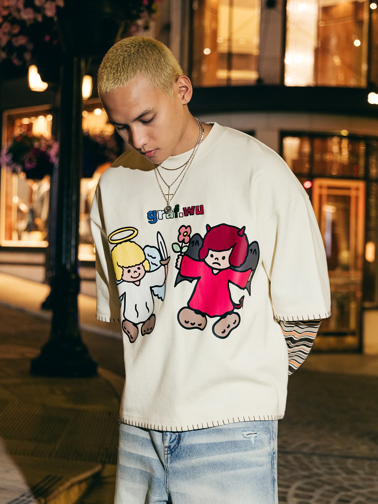 GRAF&WU Angel Devil Faux Two-piece Long Sleeve Tops