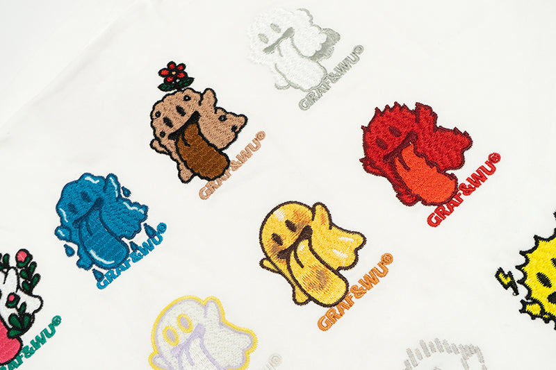 GRAF&WU T-Shirts 12 Natural Elements Cute Ghost Design T-Shirts Tai Chi Pattern Summer T-Shirt Embroidered Cotton Short Sleeve