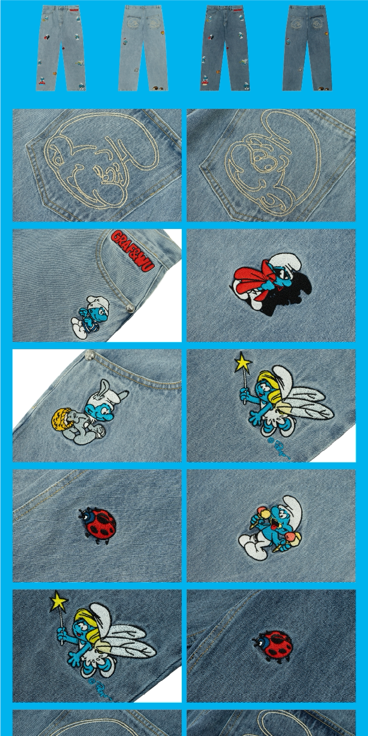 GRAF X SMURF Animal Character Embroidery Baggy Jeans