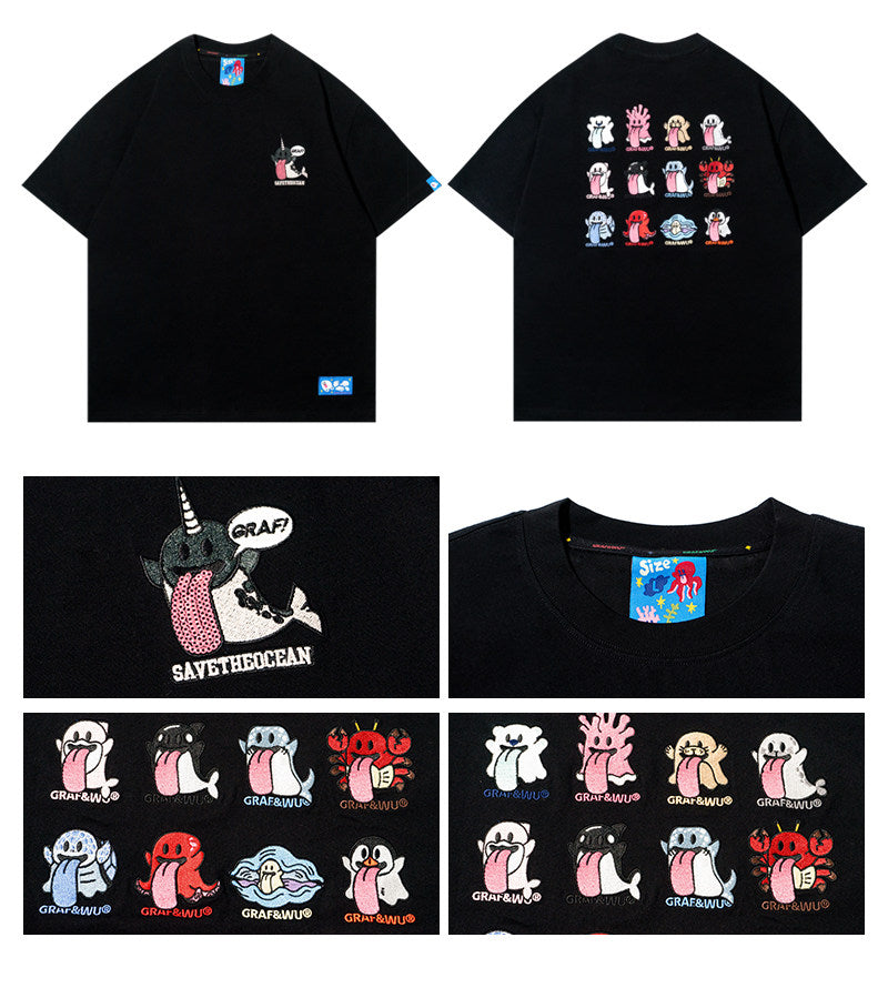 GRAF&WU 12 Ocean Cute Ghost Character Embroidered T-Shirts