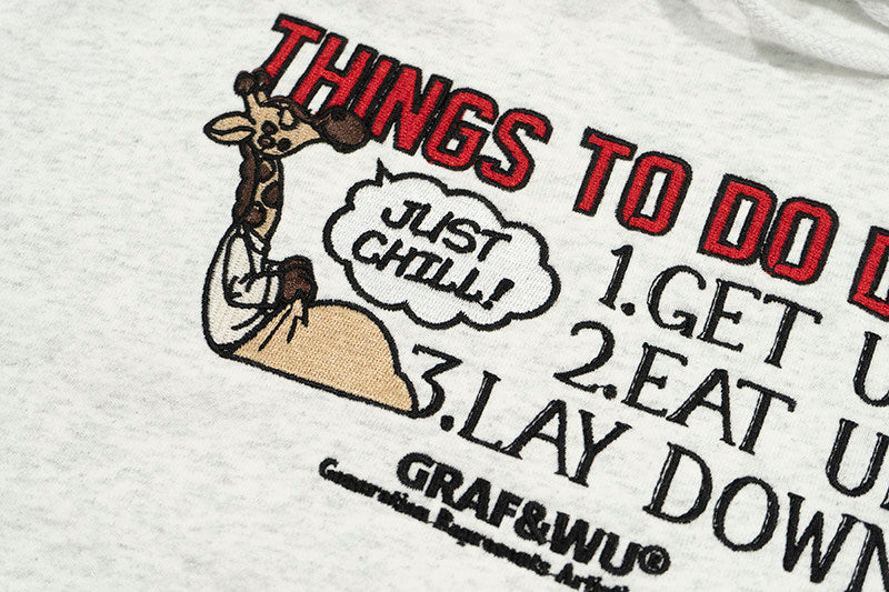 GRAF&WU Things To Do Giraffe Embroidered Fleece Hoodie Fashion Sweatshirt