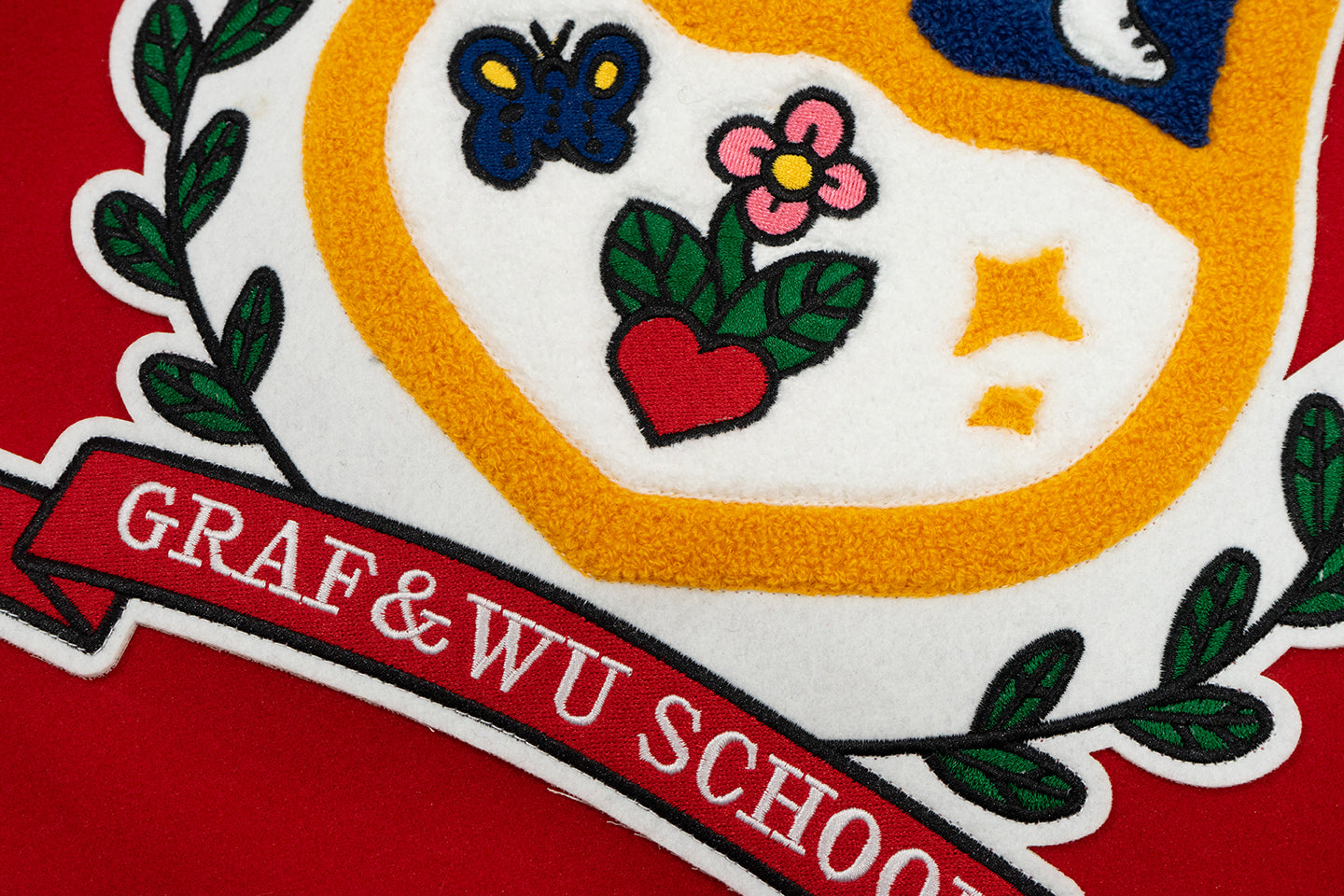 GRAF&WU Sleep Cow Cat Graphic University Leather Sleeve Varsity Jacket