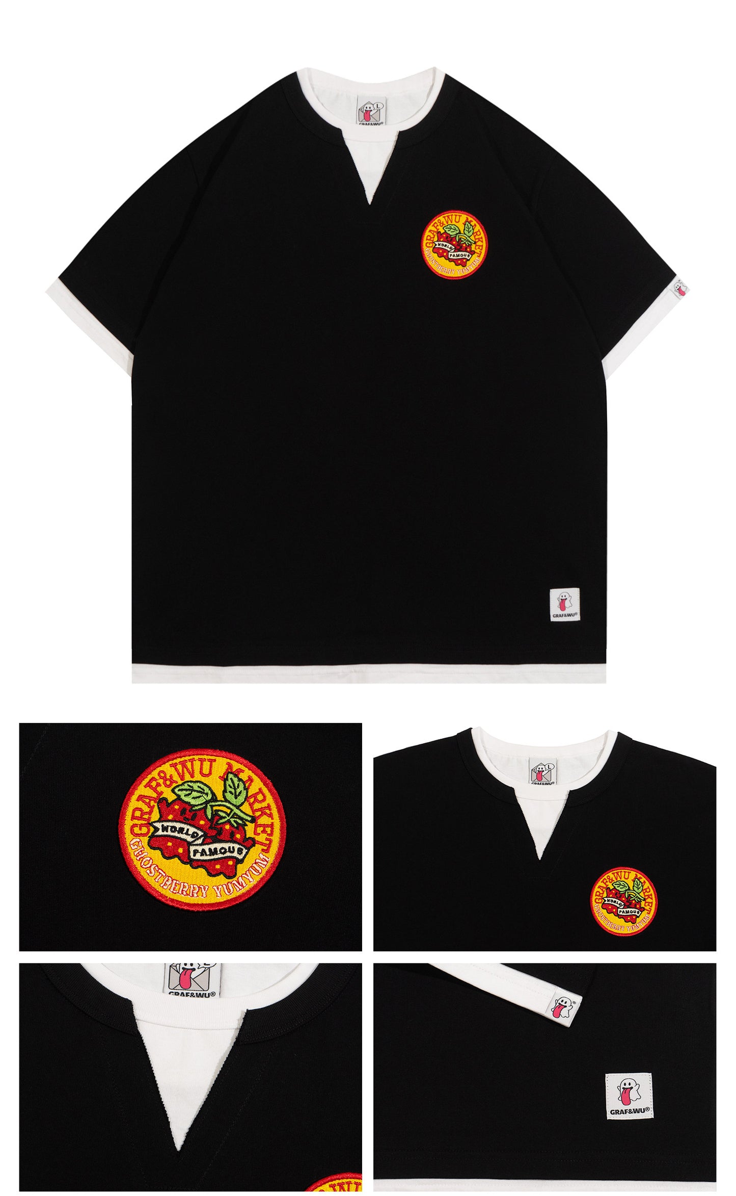 GRAF&WU Vintage Fake Two-Piece Notch Crew Neck T-Shirt