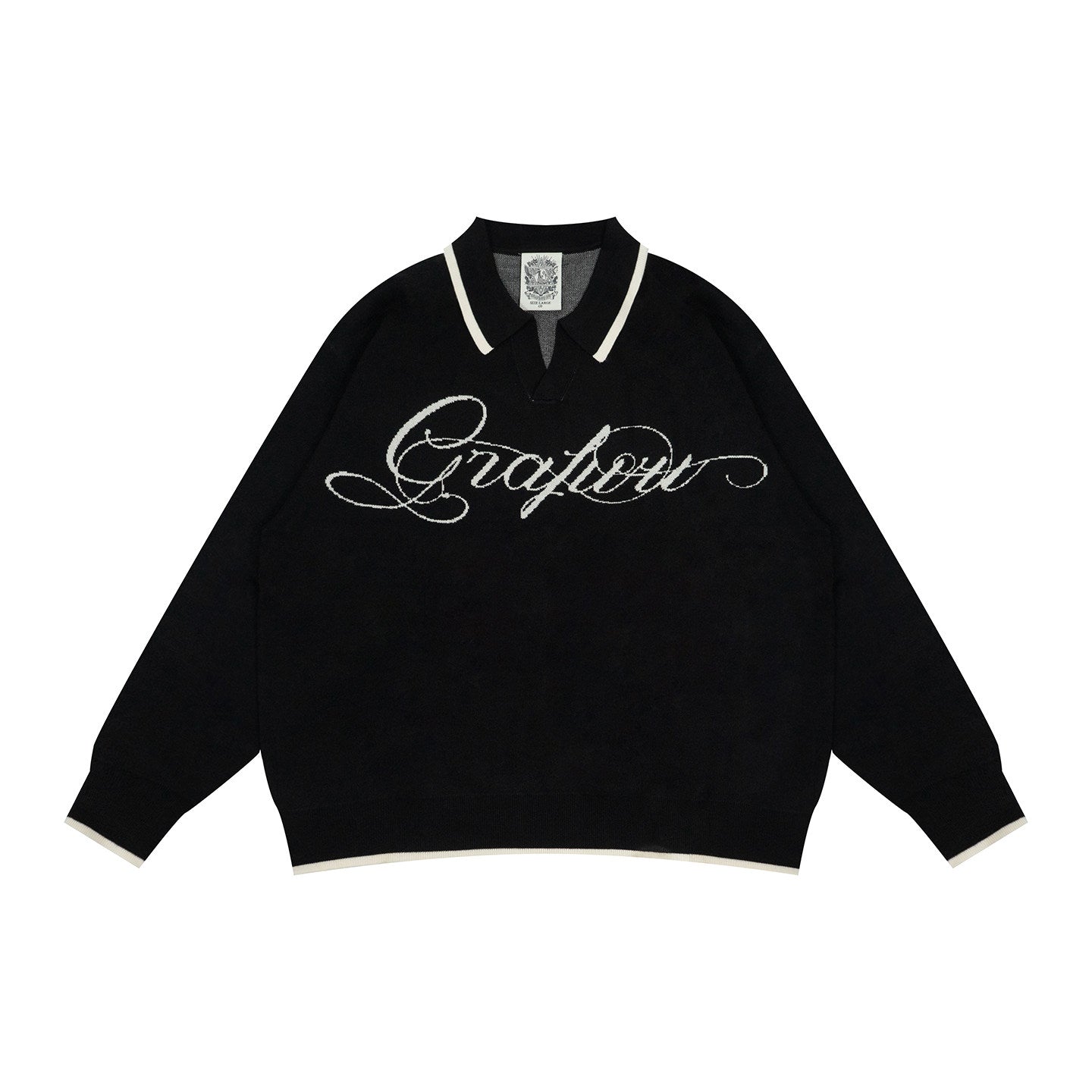 GRAF&WU Brand Letter Design Polo Collar Cozy Sweater