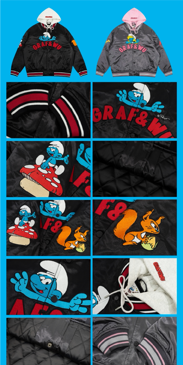GRAF X SMURF Collaboration Couple Style Thick Satin Hooded Jacket