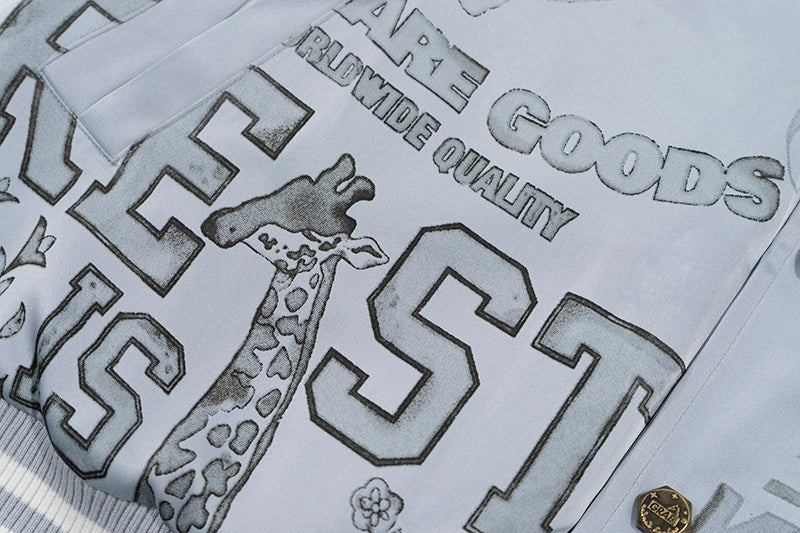 GRAF&WU Vintage Floral Giraffe Goddess Blessing Graphic Satin Thin Baseball Jacket