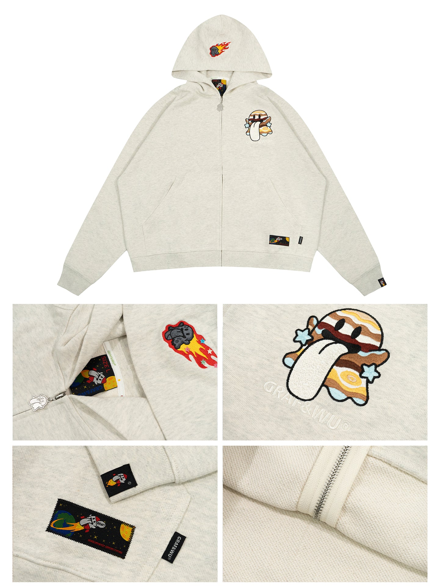 GRAF&WU Solar System Planet Cute Ghost Embroidered Zip-up Hoodie