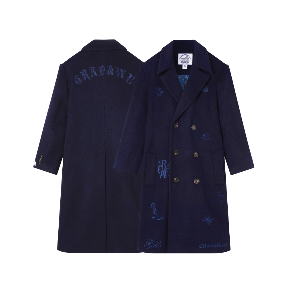 GRAF&WU Brand Logo Embroidered Overcoat Gang Style Wool Jacket
