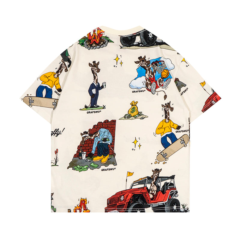 GRAF&WU T-Shirts Street Activity Giraffe Pattern Design Short Sleeve Street Hip-Hop Fashion Short Sleeves Men Cotton Summer T-Shirt Casual Tees