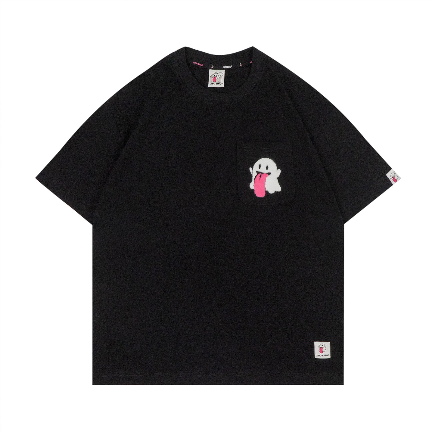 GRAF&WU Plush Cute Ghost Character Pattern Pocket T-shirt