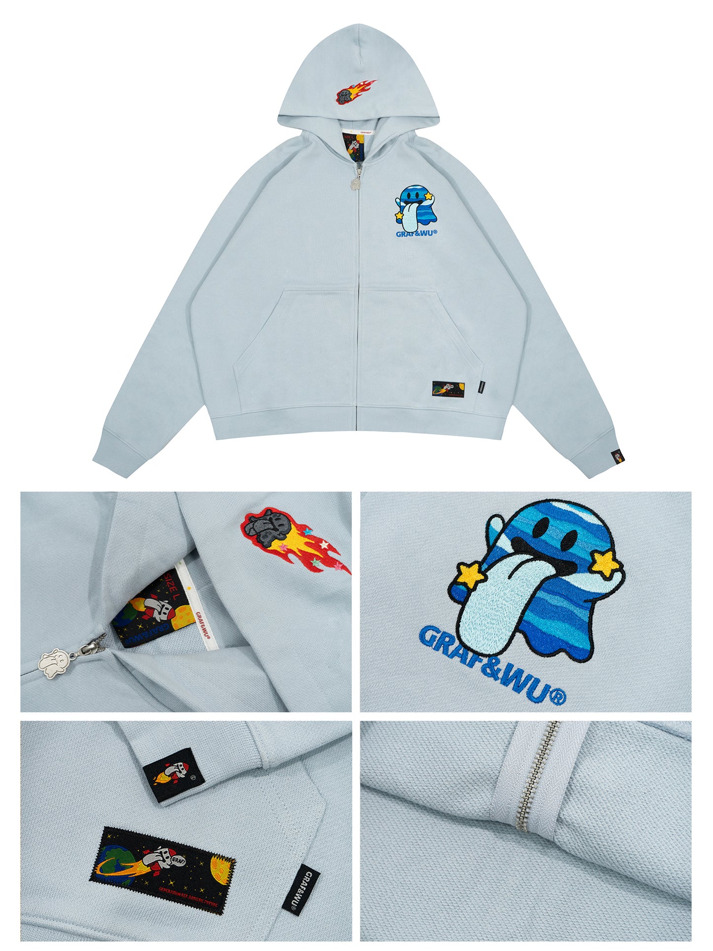 GRAF&WU Solar System Planet Cute Ghost Embroidered Zip-up Hoodie
