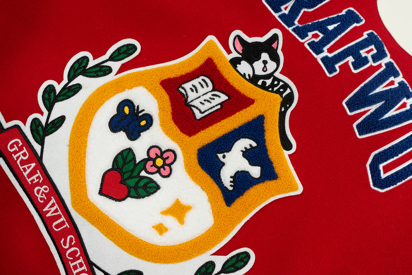 GRAF&WU Sleep Cow Cat Graphic University Leather Sleeve Varsity Jacket