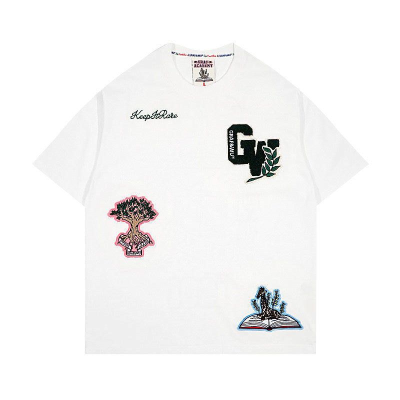 GRAF&WU Giraffe University Knowledge Power Embroidered Badge Cotton T-shirt