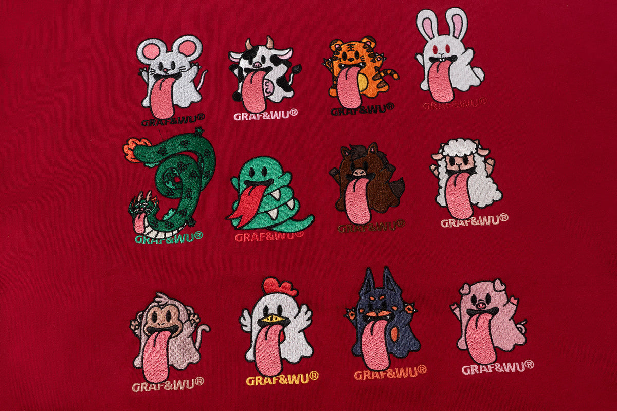 GRAF&WU Chinese Zodiac Cute Ghost Themed Embroidered Oversized Fleece Hoodie