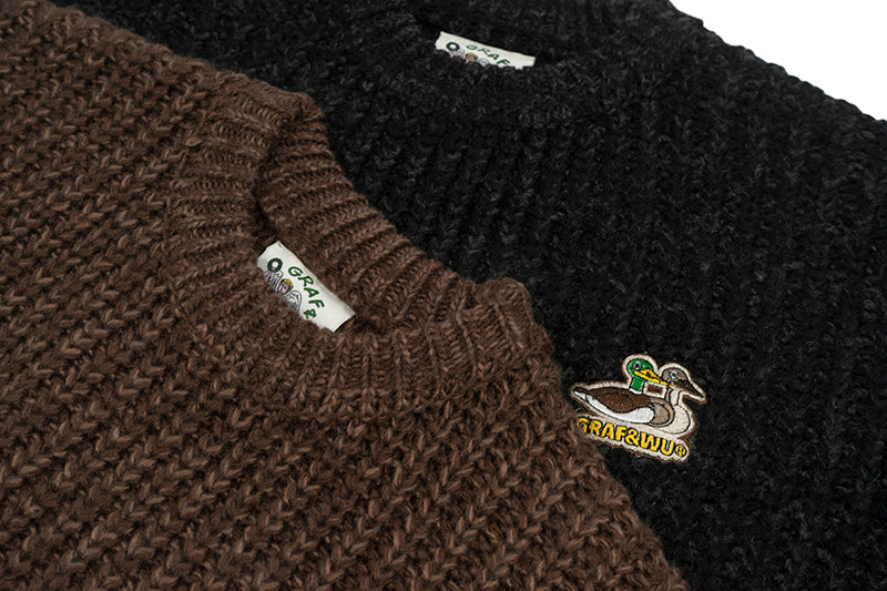 GRAF&WU Duck Couples Embroidered Badge Knitted Cable Knit Thick Sweater
