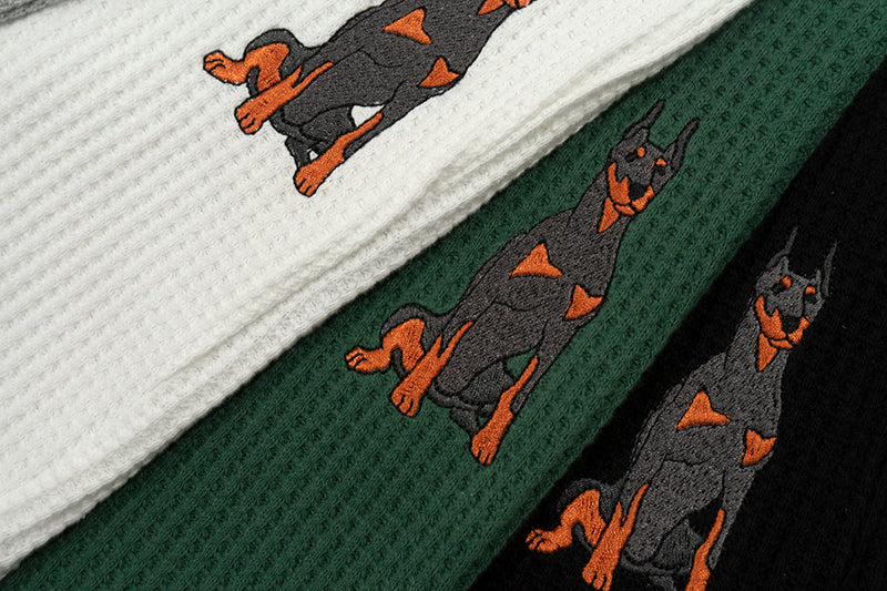 GRAF&WU Running Doberman Embroidery Waffle Cotton Long Sleeve Shirt