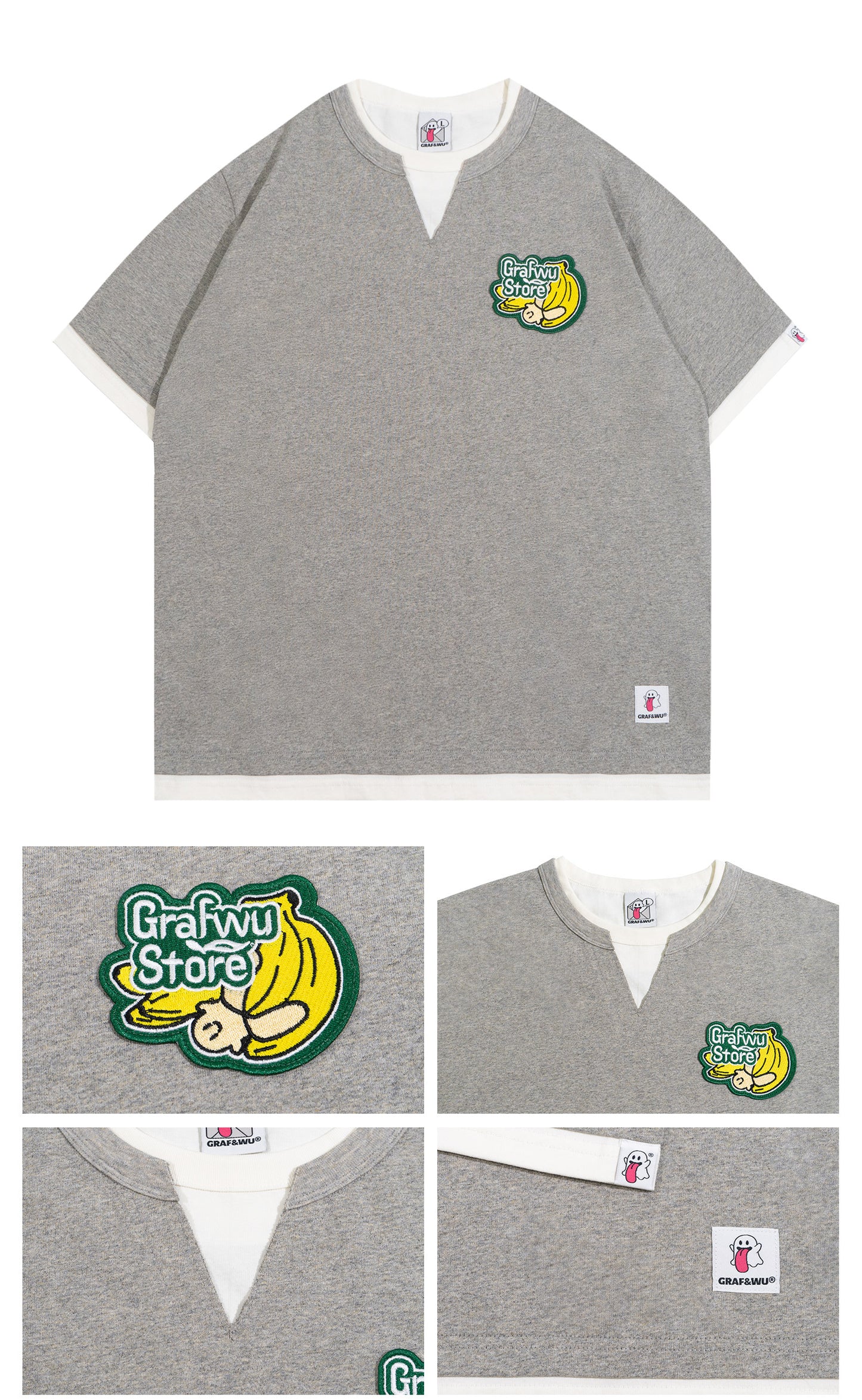 GRAF&WU Vintage Fake Two-Piece Notch Crew Neck T-Shirt