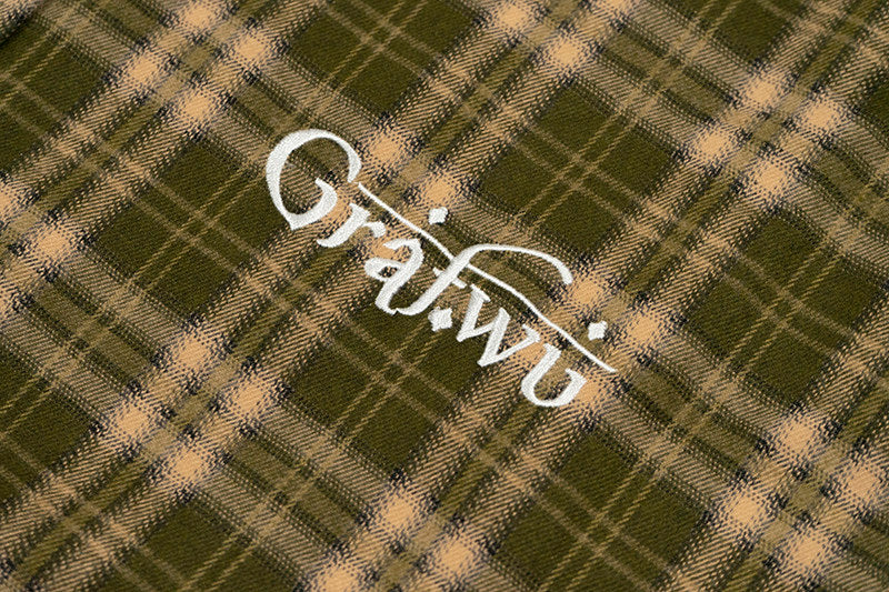 GRAF&WU Embroidered Plaid Button Up Shirt Ribbed Trim Oversized Streetwear
