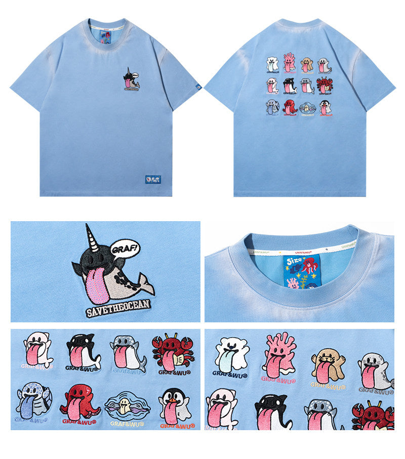 GRAF&WU 12 Ocean Cute Ghost Character Embroidered T-Shirts