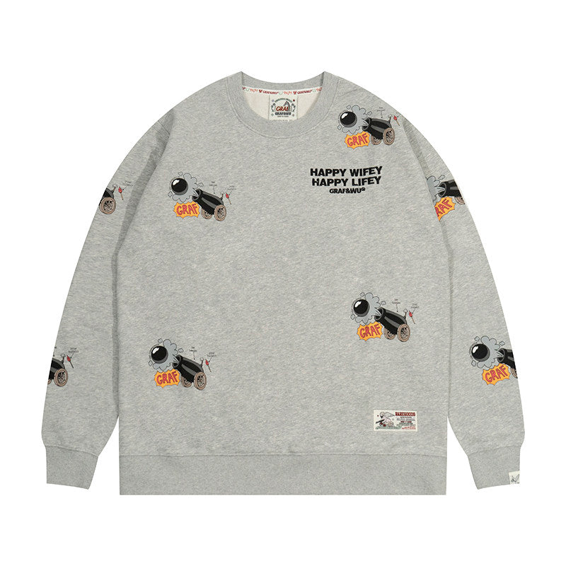 GRAF&WU Happy Wifey Lifey Hoodie | Grey Cartoon Graphic Streetwear