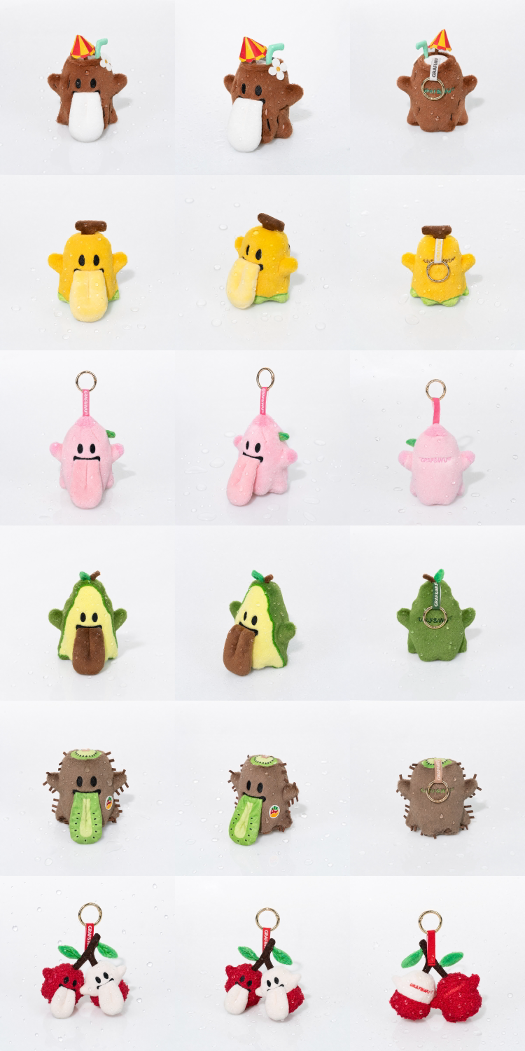 GRAFWU Fruit Party Peach Lychee Banana Plush Cute Ghost Bag Charm Doll