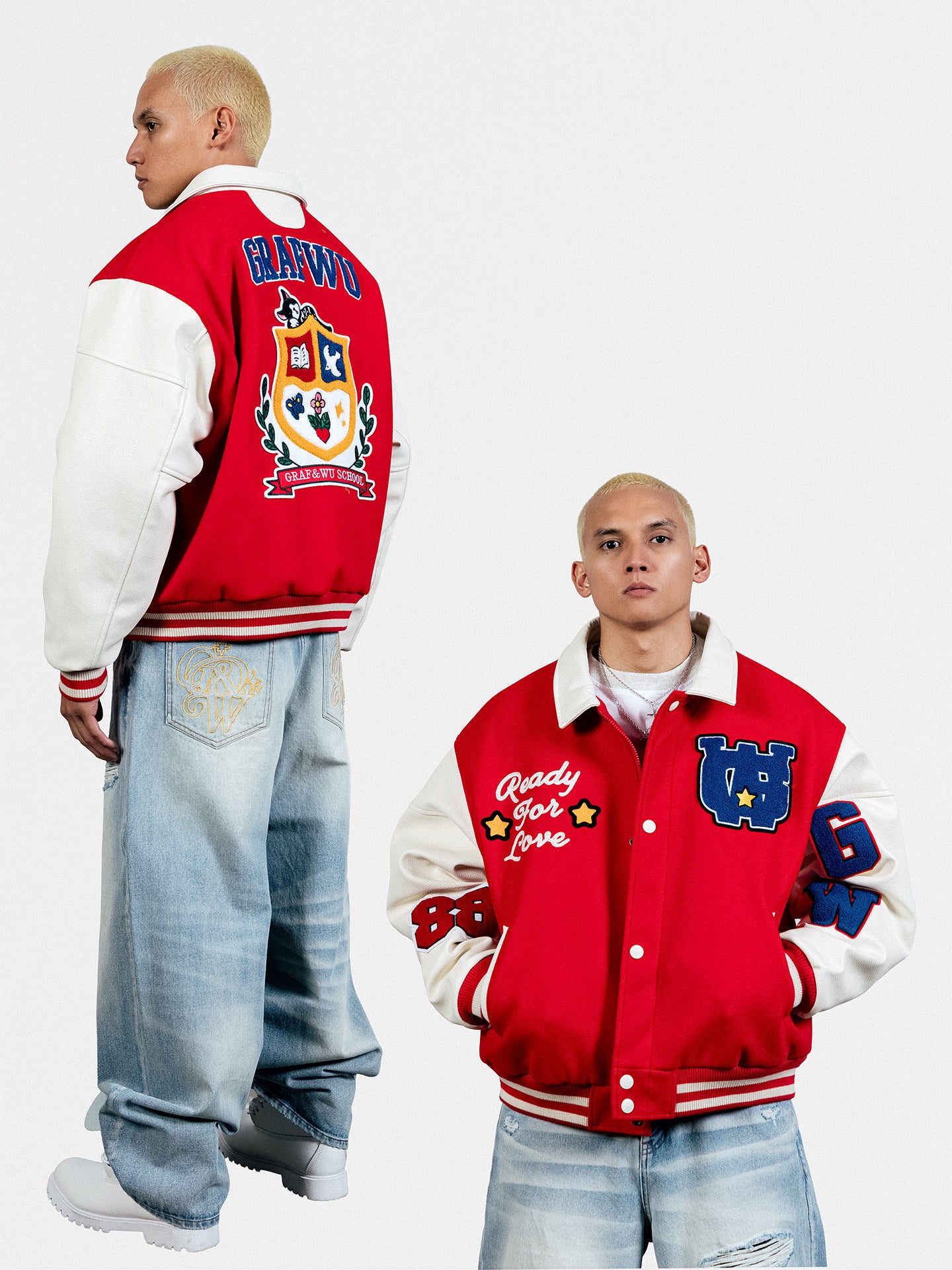GRAF&WU Brand GW Letter Star Embroidered Washed Blue Ripped Jeans