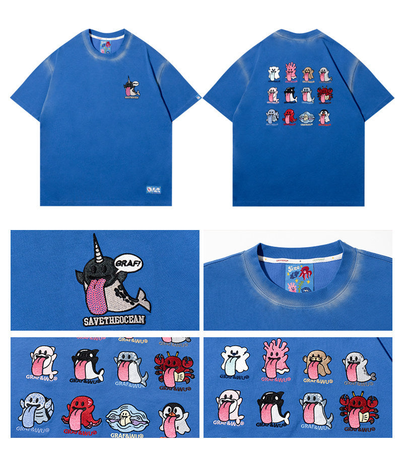GRAF&WU 12 Ocean Cute Ghost Character Embroidered T-Shirts