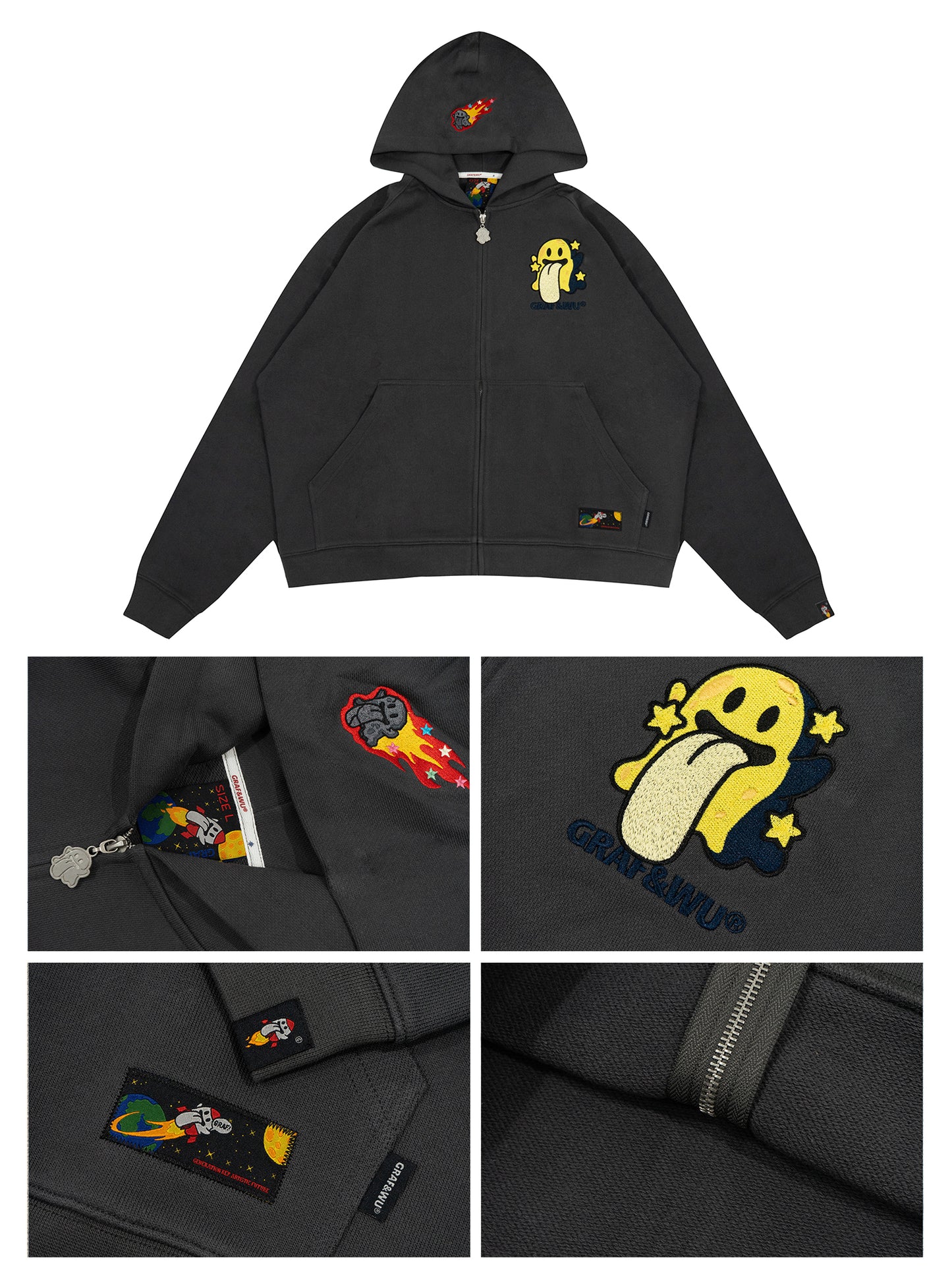 GRAF&WU Solar System Planet Cute Ghost Embroidered Zip-up Hoodie