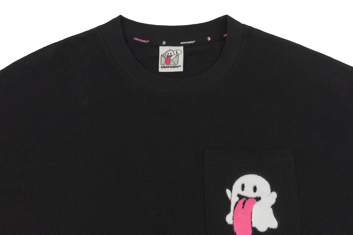 GRAF&WU Plush Cute Ghost Character Pattern Pocket T-shirt