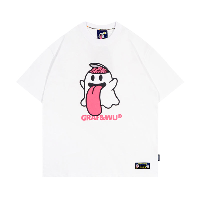 GRAF&WU BooGhost Cute Ghost 2.0 Earth, Money Bag, Volcano Multi-Design Streetwear Loose-Fit Short Sleeve T-Shirt