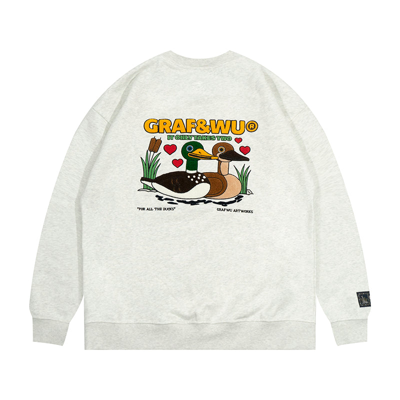 GRAF&WU Ducks Eembroidery Couple Fleece  Crewneck Sweatshirt