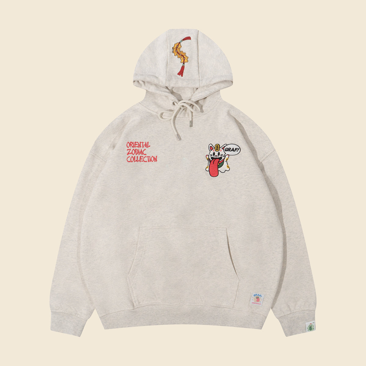 GRAF&WU Chinese Zodiac Cute Ghost Themed Embroidered Oversized Fleece Hoodie