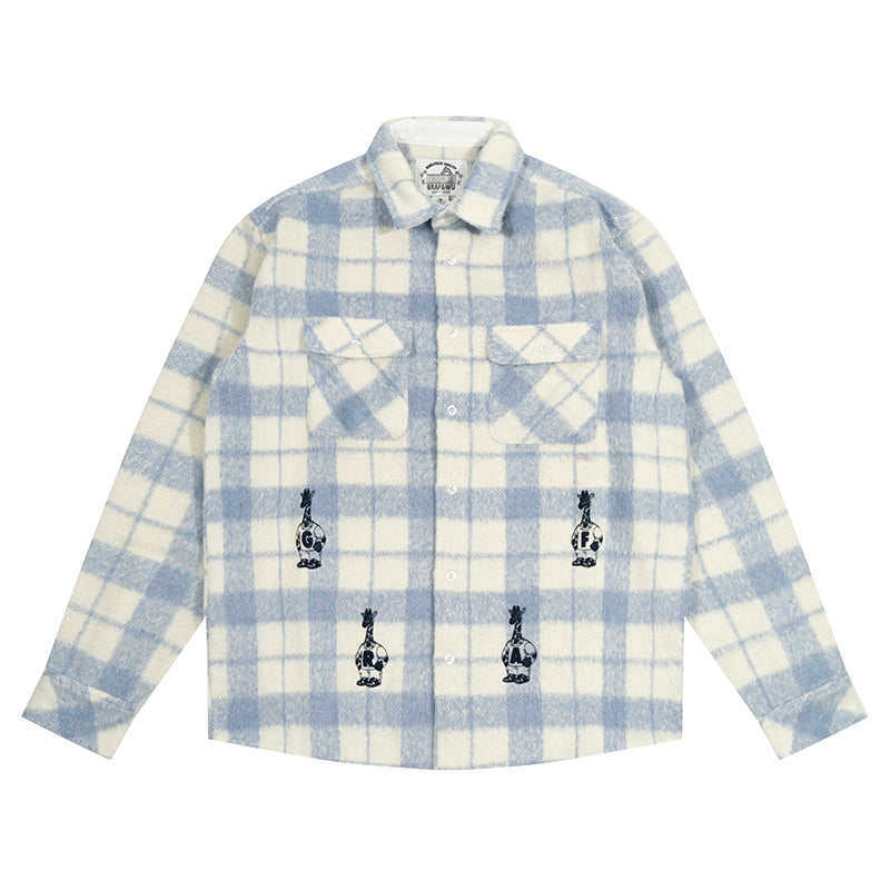 GRAF&WU Porcelain Blue Embroidered Deer Streetwear Loose Thick Shirt