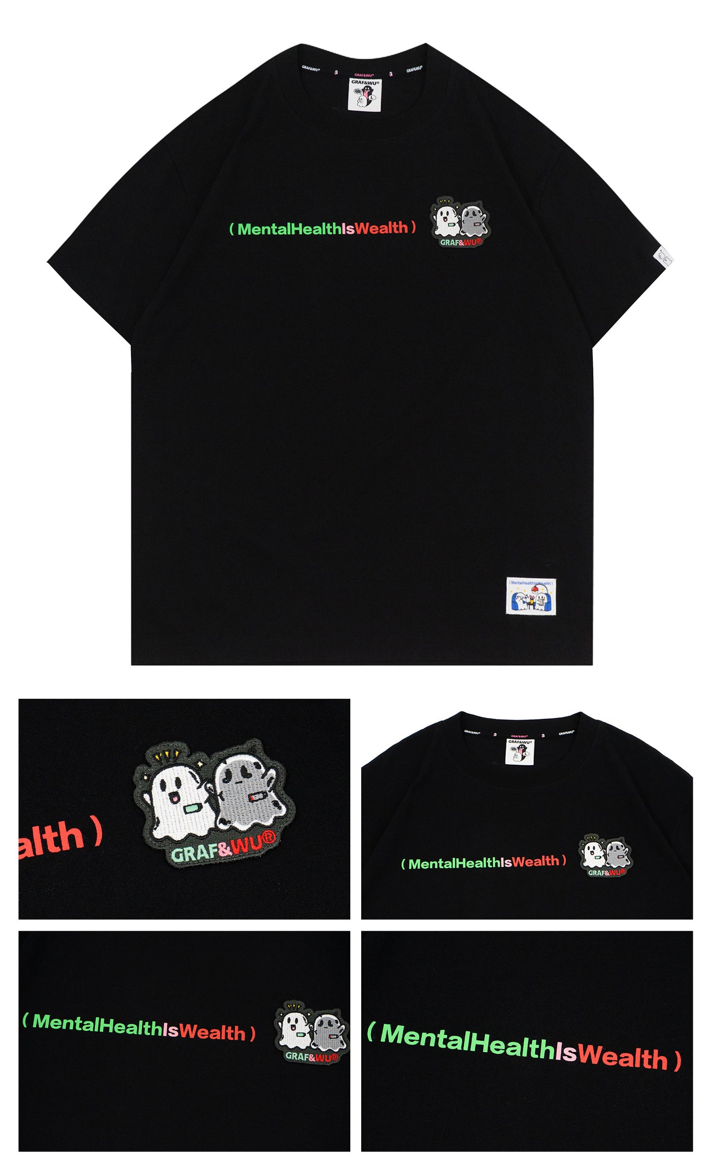GRAF&WU Mental Health Series Cute Ghost Embroidery Graphic T-Shirt
