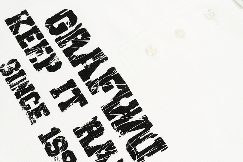 GRAF&WU Vintage Letter Cotton Henley Collar Long-sleeve Shirt