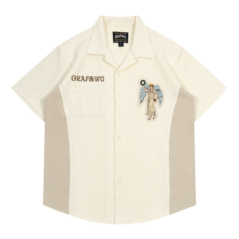GRAF&WU Victory Angel Embroidered Patch Vacation Style Knitted T-Shirt