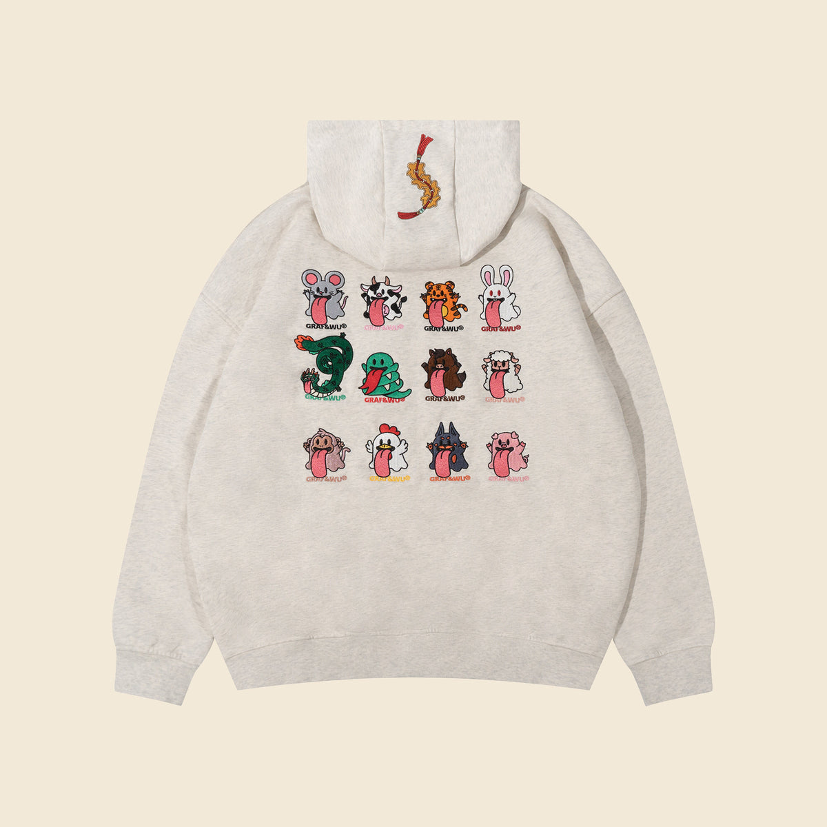 GRAF&WU Chinese Zodiac Cute Ghost Themed Embroidered Oversized Fleece Hoodie